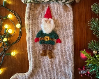 Large Handmade Christmas Stocking | Cozy Wool Knit with Needle-Felted Merry Gnome Design | Personalization Available