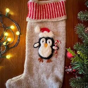 Large Handmade Christmas Stocking | Cozy Wool Knit with Needle-Felted Santa Penguin Design | Personalization Available