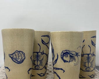Set of 4 handmade ceramic cups | blue crab design.