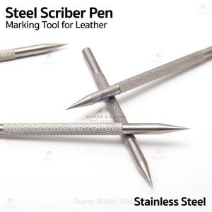 Puede incluir: Plumas de acero inoxidable para marcar cuero. Las plumas tienen un agarre texturizado y una punta afilada. La imagen incluye el texto "Steel Scriber Pen Marking Tool for Leather."