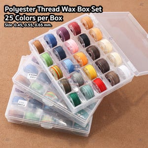 Polyester Thread Box Set – Round, Wax-Coated Thread. 25 Colors per Box. Available in 3 Sizes: 0.45 / 0.55 / 0.65 mm. (One Box per Size)