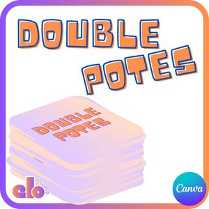 Peut inclure: Une pile de cartes carrées aux coins arrondis, avec le texte "DOUBLE POTES" en lettres orange avec un contour bleu. Le fond est un dégradé de violet et d'orange. Le logo Canva est en bas à droite.