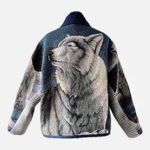 Grey wolves and plaid jacket, handcrafted from secondhand textiles, ladies' size S-L