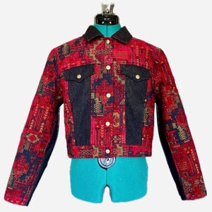 Handcrafted jean jacket, upcycled secondhand denim and upholstery fabric, size XS S