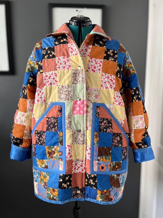 Upcycled vintage patchwork quilt chore coat, fully lined with spacious pockets, ladies' size L-2XL