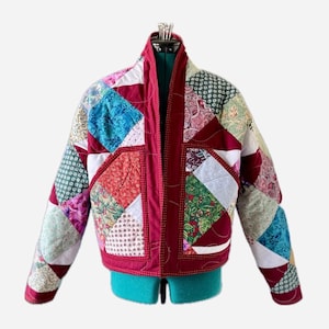 Patchwork quilt cardigan, cropped shawl collar jacket, ladies' XS-M