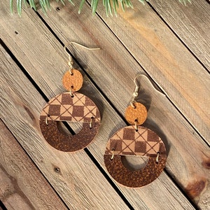 Designer Inspired Genuine Leather Earrings, Brown and Tan Geometric Shapes