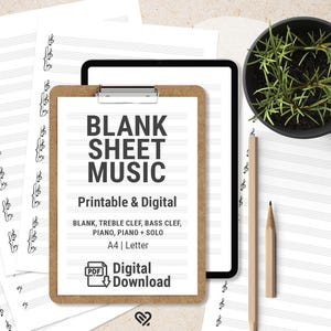 Puede incluir: Un portapapeles con el texto "BLANK SHEET MUSIC" y un icono PDF, junto a hojas de papel de música en blanco. También se ven un lápiz y una planta en maceta. El texto indica la disponibilidad de partituras imprimibles y digitales.