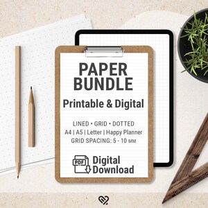 Puede incluir: Un paquete de papel con opciones imprimibles y digitales con líneas, cuadrículas y puntos. El paquete incluye tamaños A4, A5 y carta, con un espaciado de cuadrícula de 5-10 mm. También se ven una carpeta, lápices y una tableta.