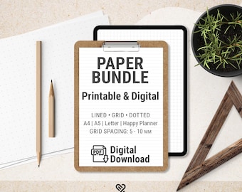 Printable and digital paper pack | PDF – lined, squared, and dotted | A4, A5, Letter, Happy Planner | Grid: 5-10 mm | Downloadable inserts