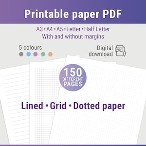 May include: A digital download of printable paper PDFs. The image shows three sheets of paper: lined, grid, and dotted. The paper comes in A3, A4, A5, Letter, and Half Letter sizes, with and without margins. Available in 5 colors.