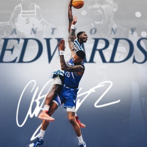 May include: A basketball player wearing a blue jersey with the number 20 on it jumps up to dunk a basketball. The player is wearing blue and white sneakers. The background is a blurred image of a basketball player wearing a white jersey with the number 5 on it. The text "Anthony Edwards" is written in large letters across the top of the image.