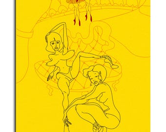 Ballet Dancers - Surreal Dance Wall Art Digital Poster – Expressive Ballet Line Art Print - Yellow Abstract Dancer Illustration