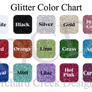 Könnte beinhalten: Eine Glitzer-Farbkarte mit fünfzehn quadratischen Farbfeldern und den Beschriftungen: White, Black, Silver, Gold, Rose Gold, Red, Orange, Lime, Grass, Aqua, Royal, Mint, Lilac, Hot Pink und Currant. Der Text Orchard Creek Designs steht unten.