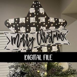 May include: Black and white buffalo check star with white lights and the words "Merry Christmas" in black script.  Digital file.