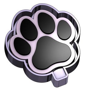May include: A 3D-rendered paw print design in black and white. The paw print has a rounded, cloud-like outline with five black pads. The design has a three-dimensional effect with a light purple border and a small rectangular attachment.