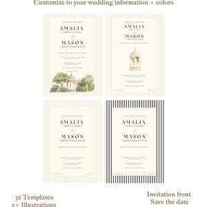 May include: Three wedding invitation templates with different backgrounds. The first template has a cream background with thin vertical stripes. The second template has a cream background with a small illustration of a gazebo. The third template has a black and white striped background. All three templates feature the text "AMALIA LOPEZ CASTRO and MASON CHRISTOPHER SMITH" in a serif font.
