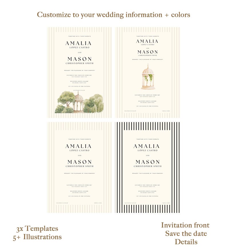 May include: Three wedding invitation templates with different backgrounds. The first template has a cream background with thin vertical stripes. The second template has a cream background with a small illustration of a gazebo. The third template has a black and white striped background. All three templates feature the text "AMALIA LOPEZ CASTRO and MASON CHRISTOPHER SMITH" in a serif font.