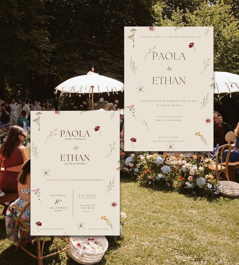 Pu&ograve; includere: Invito di nozze con accenti floreali. L'invito &egrave; per Paola ed Ethan, con la data e l'ora della cerimonia e del ricevimento di nozze. L'invito &egrave; decorato con fiori ad acquerello in tonalit&agrave; di rosa, giallo e rosso.
