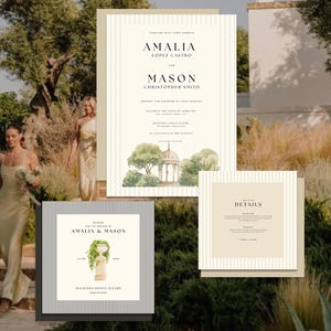 May include: Wedding invitation suite with a striped background. The main invitation features a watercolor illustration of a garden with a gazebo. The text reads "Together with their parents, Amalia Lopez Castro and Mason Christopher Smith request the pleasure of your company to celebrate the union of their marriage at Hacienda Santa Alegre at 5 o'clock in the evening."