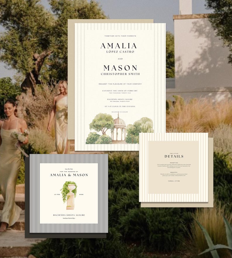 May include: Wedding invitation suite with a striped background. The main invitation features a watercolor illustration of a garden with a gazebo. The text reads "Together with their parents, Amalia Lopez Castro and Mason Christopher Smith request the pleasure of your company to celebrate the union of their marriage at Hacienda Santa Alegre at 5 o'clock in the evening."