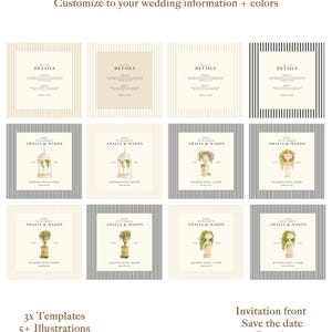 May include: Three wedding invitation templates with different striped backgrounds. Each template features a floral illustration of a gazebo, a vase, or a potted plant. The text "AMALIA & MASON" is featured on each template.