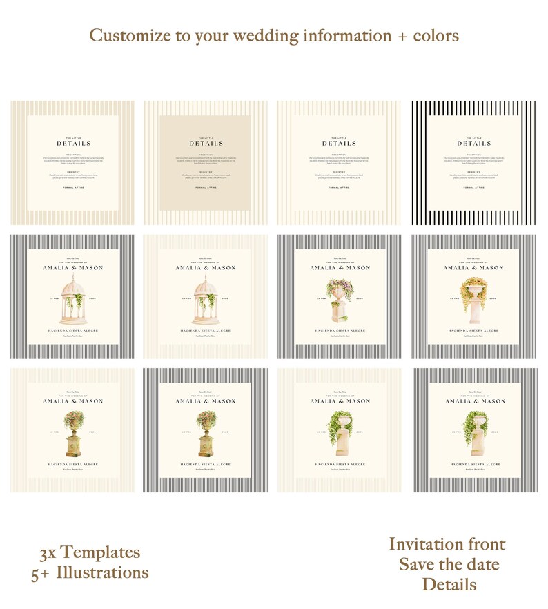 May include: Three wedding invitation templates with different striped backgrounds. Each template features a floral illustration of a gazebo, a vase, or a potted plant. The text "AMALIA & MASON" is featured on each template.