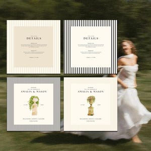 May include: Two wedding invitation cards with black and white striped backgrounds. The top card has the text "The Little Details" and the bottom card has the text "Save the Date for the Wedding of Amalia & Mason" with a floral illustration. The cards are on a green grassy surface.