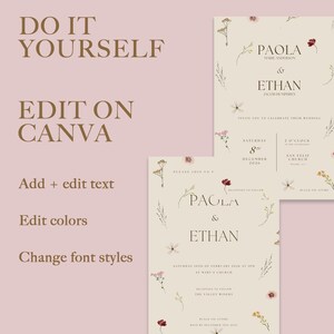 Pu&ograve; includere: Modello di invito di nozze modificabile con un design floreale. Il modello presenta i nomi "Paola & Ethan" e il testo "Si prega di unirsi a noi per celebrare il loro matrimonio". Il modello &egrave; progettato per essere modificato su Canva.