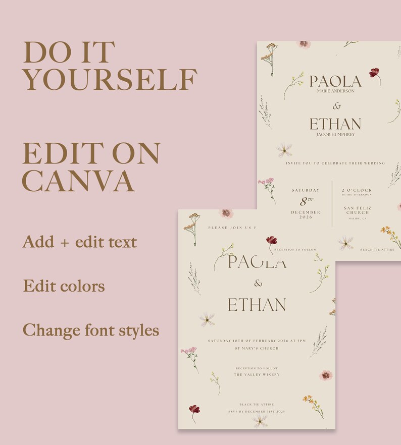 Pu&ograve; includere: Modello di invito di nozze modificabile con un design floreale. Il modello presenta i nomi "Paola & Ethan" e il testo "Si prega di unirsi a noi per celebrare il loro matrimonio". Il modello &egrave; progettato per essere modificato su Canva.
