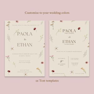 Pu&ograve; includere: Due modelli di invito di nozze con un design floreale. Il testo del primo modello recita: "Si prega di unirsi a noi per il matrimonio di Paola & Ethan. Sabato 10 febbraio 2020 alle 21:00. Chiesa di Santa Maria. Ricevimento a seguire presso The Valley Winery. Abito da sera. RSVP entro il 1&deg; dicembre 2025". Il testo del secondo modello recita: "Paola Marie Anderson & Ethan Jacob Humphrey. Vi invitiamo a celebrare il loro matrimonio. Sabato 8 dicembre 2026. Ore 14:00. Chiesa San Feliz. Malibu, CA. Ricevimento a seguire. Abito da sera."