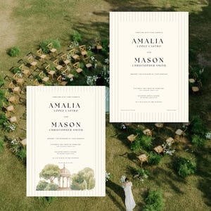 May include: Wedding invitation with a striped background featuring the names Amalia Lopez Castro and Mason Christopher Smith. The invitation includes the date, time, and location of the wedding. The invitation is surrounded by greenery and chairs.