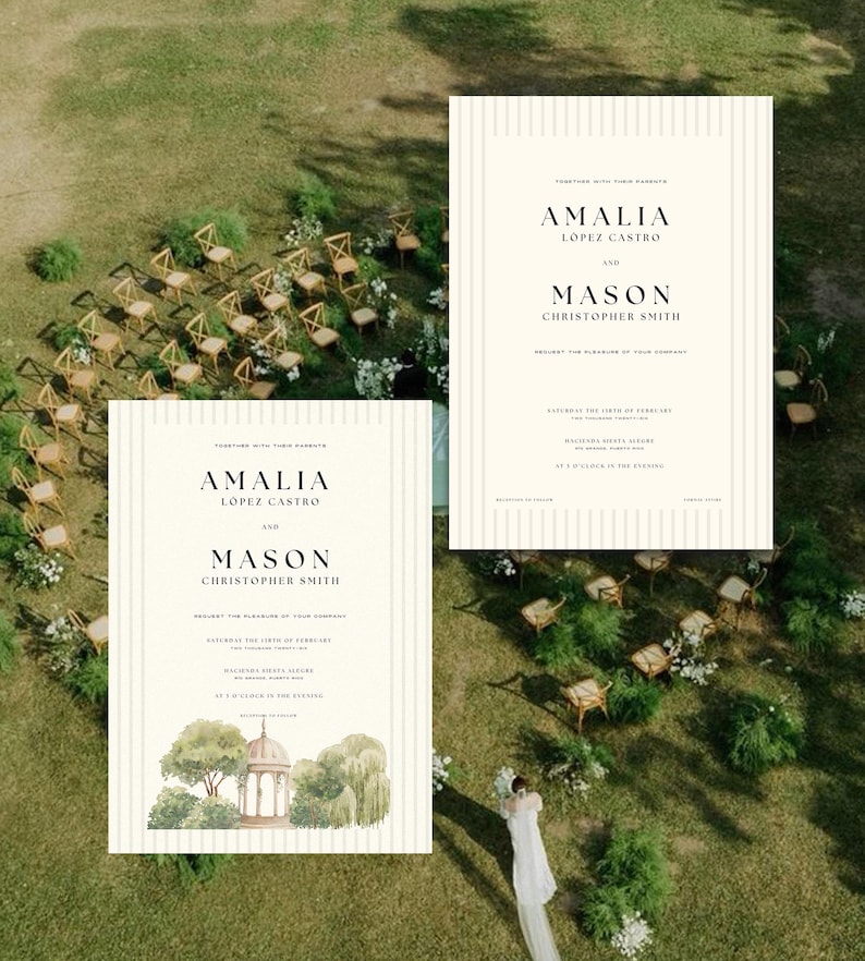 May include: Wedding invitation with a striped background featuring the names Amalia Lopez Castro and Mason Christopher Smith. The invitation includes the date, time, and location of the wedding. The invitation is surrounded by greenery and chairs.