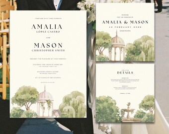 May include: Wedding invitation suite with a watercolor illustration of a garden gazebo and fountain. The invitation reads "Amalia Lopez Castro and Mason Christopher Smith" and "Saturday the 15th of February 2025".