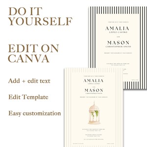 May include: Editable wedding invitation template with a white background and black and white striped border. The template features a floral illustration of a birdcage with greenery. The text on the template reads "Together with their parents, Amalia Lopez Castro and Mason Christopher Smith request the pleasure of your company. Saturday the 18th of February, 2023, at 7 o'clock in the evening."
