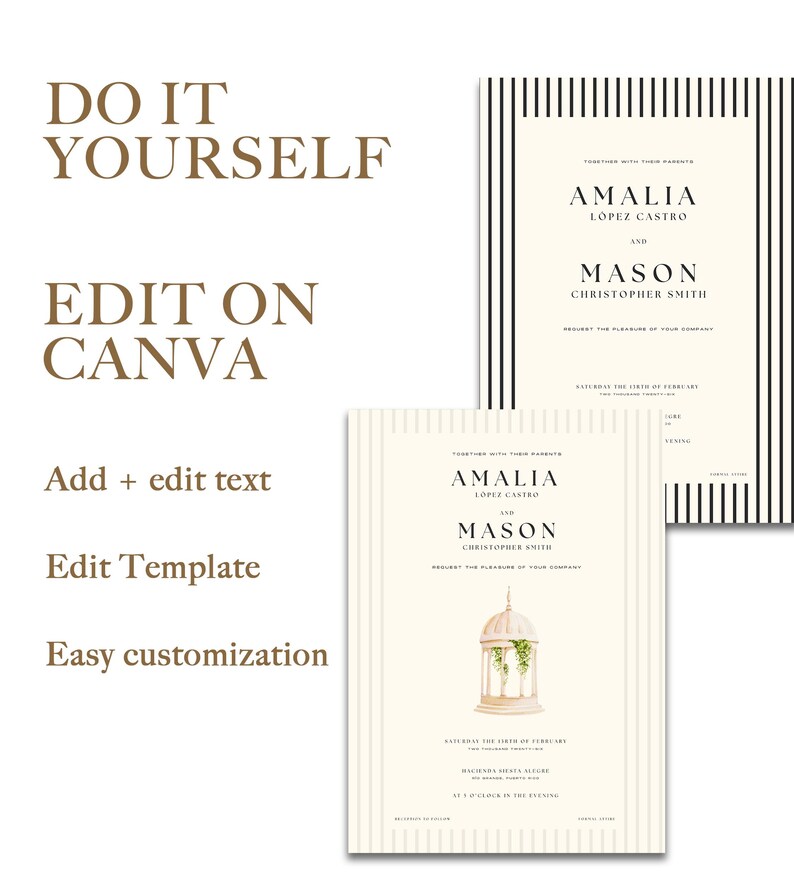 May include: Editable wedding invitation template with a white background and black and white striped border. The template features a floral illustration of a birdcage with greenery. The text on the template reads "Together with their parents, Amalia Lopez Castro and Mason Christopher Smith request the pleasure of your company. Saturday the 18th of February, 2023, at 7 o'clock in the evening."