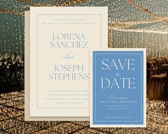 Suite di inviti per matrimonio blu polvere: modello minimalista Canva (download digitale)