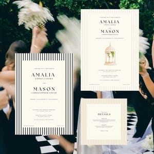 May include: Wedding invitation suite with black and white striped design. The invitation features the names "Amalia Lopez Castro" and "Mason Christopher Smith" with the date "Saturday the Fifth of February" and the time "at 5 o'clock in the evening".