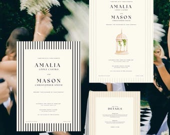 Elegante pacchetto di inviti per matrimonio a righe nere e beige, modificabile su Canva, strisce stravaganti e senza tempo, giardino costiero meridionale