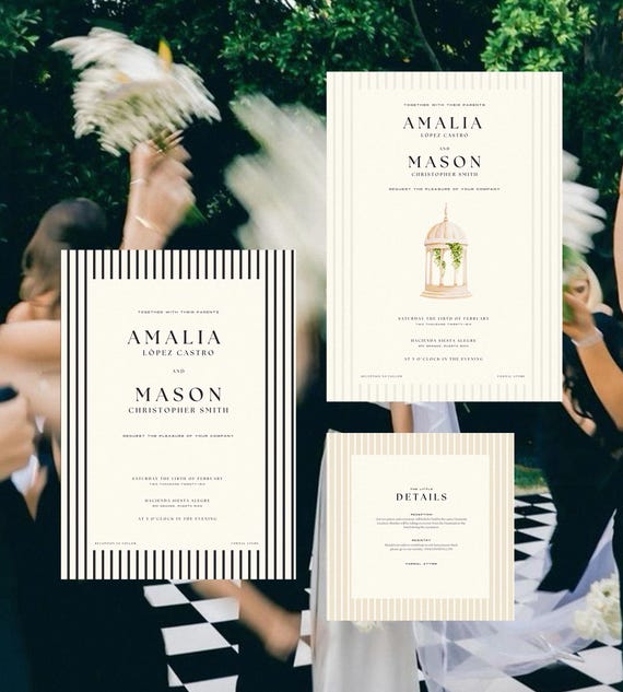 Elegant Striped Black, Beige Wedding Invitation Bundle, Editable Canva, Timeless Whimsical Stripes Southern Coastal Garden