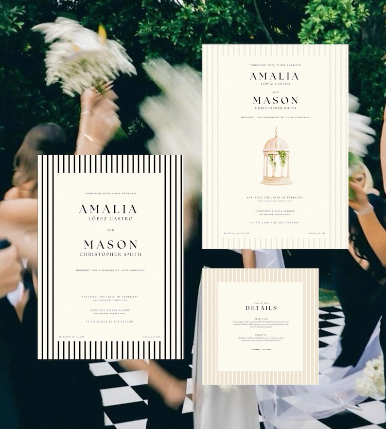 May include: Wedding invitation suite with black and white striped design. The invitation features the names "Amalia Lopez Castro" and "Mason Christopher Smith" with the date "Saturday the Fifth of February" and the time "at 5 o'clock in the evening".