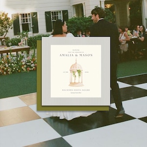 May include: A wedding invitation with black and white stripes, featuring the text "For the wedding of Amalia & Mason" and a watercolor illustration of a white gazebo with green vines. The invitation also includes the date "19. FEB. 2023" and the location "Hacienda Siesta Alegre".