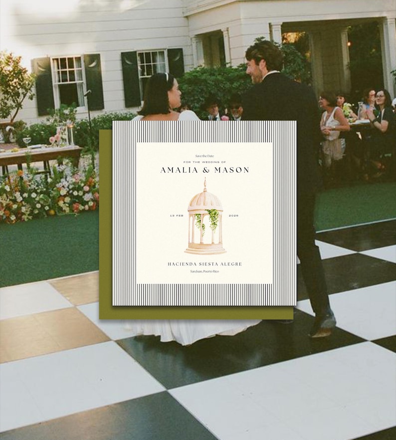 May include: A wedding invitation with black and white stripes, featuring the text "For the wedding of Amalia & Mason" and a watercolor illustration of a white gazebo with green vines. The invitation also includes the date "19. FEB. 2023" and the location "Hacienda Siesta Alegre".