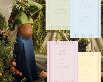 Urocze zaproszenie na baby shower w pastelowe paski – konfigurowalny szablon (do natychmiastowego pobrania)