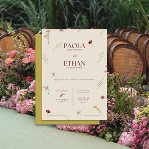 Invito di nozze stravagante, modello Canva per Save the Date. Giardino modificabile, floreale. Estetica minimalista, delicata e senza tempo. Addio al nubilato