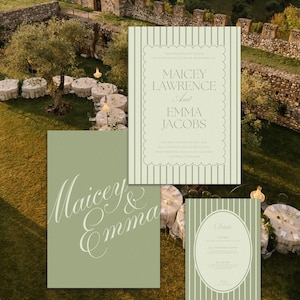 Elegantes und wunderliches gestreiftes grünes Hochzeitseinladungs-Paket, bearbeitbare Canva-Vorlage, minimale Streifen italienischer Sommer an der Südküste