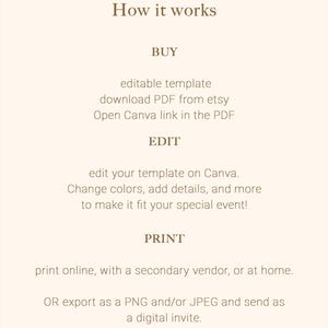 May include: How to use an editable template: Buy the template, download the PDF, open the Canva link in the PDF, edit the template on Canva, change colors, add details, and print online, with a secondary vendor, or at home. You can also export as a PNG or JPEG and send as a digital invite.