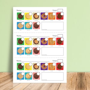 May include: A white paper order form featuring three identical sections for tracking cookie sales. Each section includes a name line, a total box, and colorful squares displaying various cookie types with circular checkboxes for quantity.