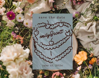 Vintage taart Save the Date-sjabloon | Retro trouwuitnodiging (digitale download)