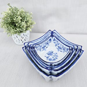 A unique set of 5 blue porcelain bowls - hand painted bowls - blue dessert bowls - blue salad bowls with a flower motif - gift idea